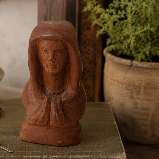 Vintage Hand Carved Wooden Woman in Prayer Figurine | Folk Art Bust | Rustic Wood Sculpture