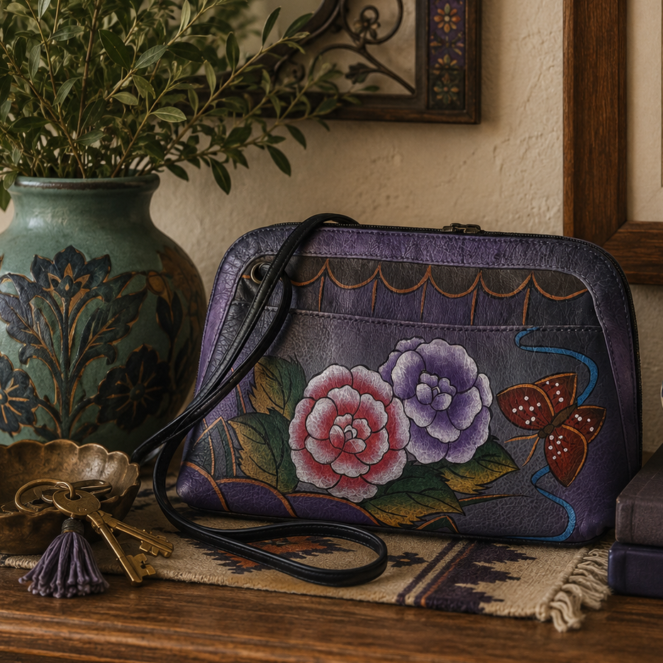 Anuschka Hand Painted Leather Crossbody Bag Purple Floral Butterfly