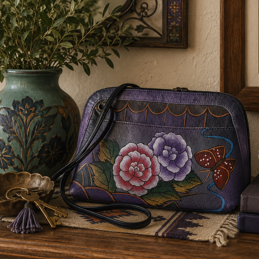 Anuschka Hand Painted Leather Crossbody Bag Purple Floral Butterfly