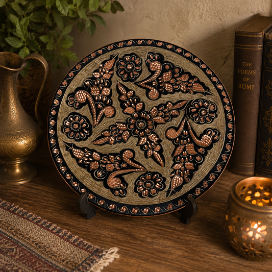 Vintage Turkish Copper Wall Plate | Handcrafted Floral Black & Copper Hanging Decor | 7.5 Inch