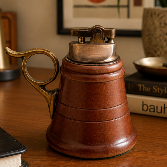 Vintage Table Lighter Wood & Brass Mid Century Desk Lighter Tobacciana Decor
