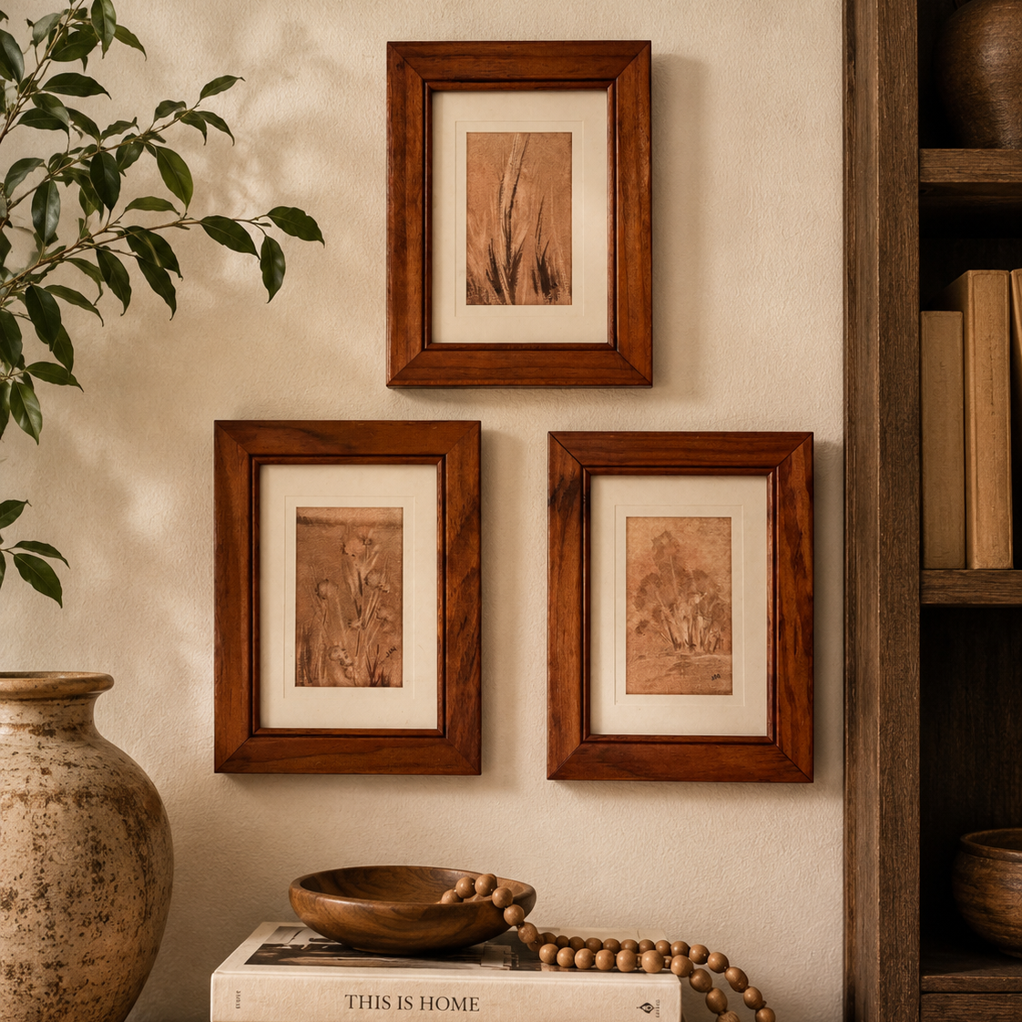 Vintage Sepia Botanical Mini Art Set of 3 Framed Nature Sketches