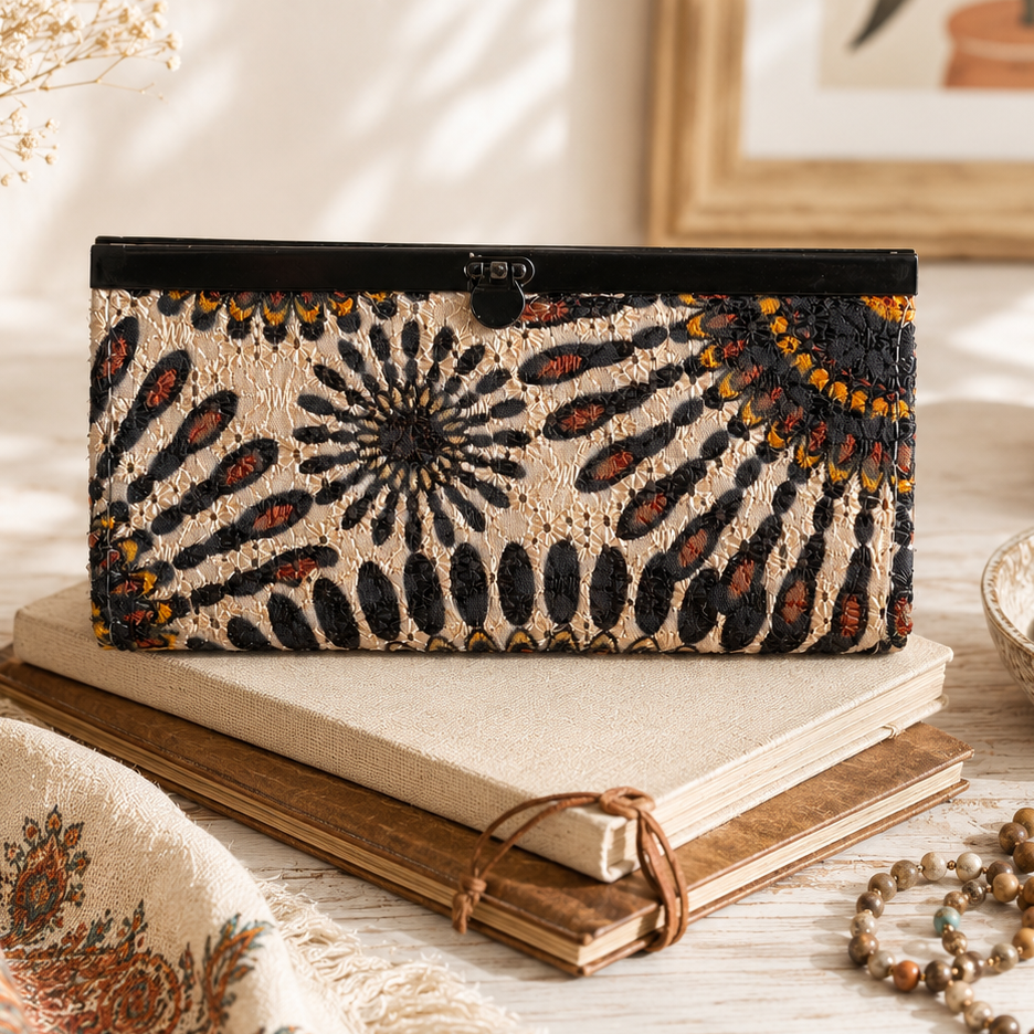 Boho Embroidered Wallet Clutch Black Floral Tapestry Accordion Wallet Purse