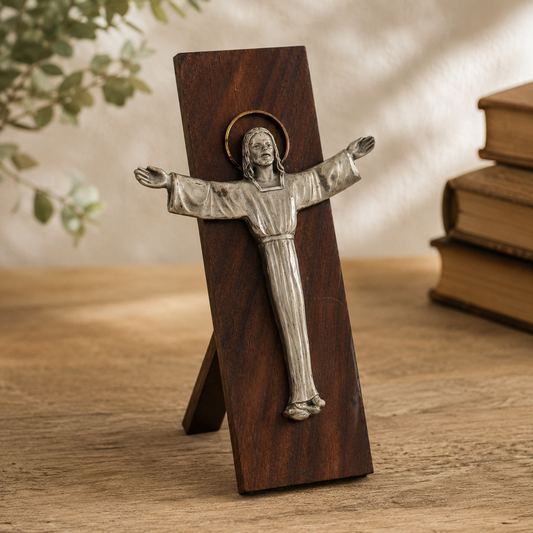 Vintage Italian 88% Pewter Standing Jesus on Wood Plaque | Mid-Century Religious Figure | Made in Italy | Christian Home Décor