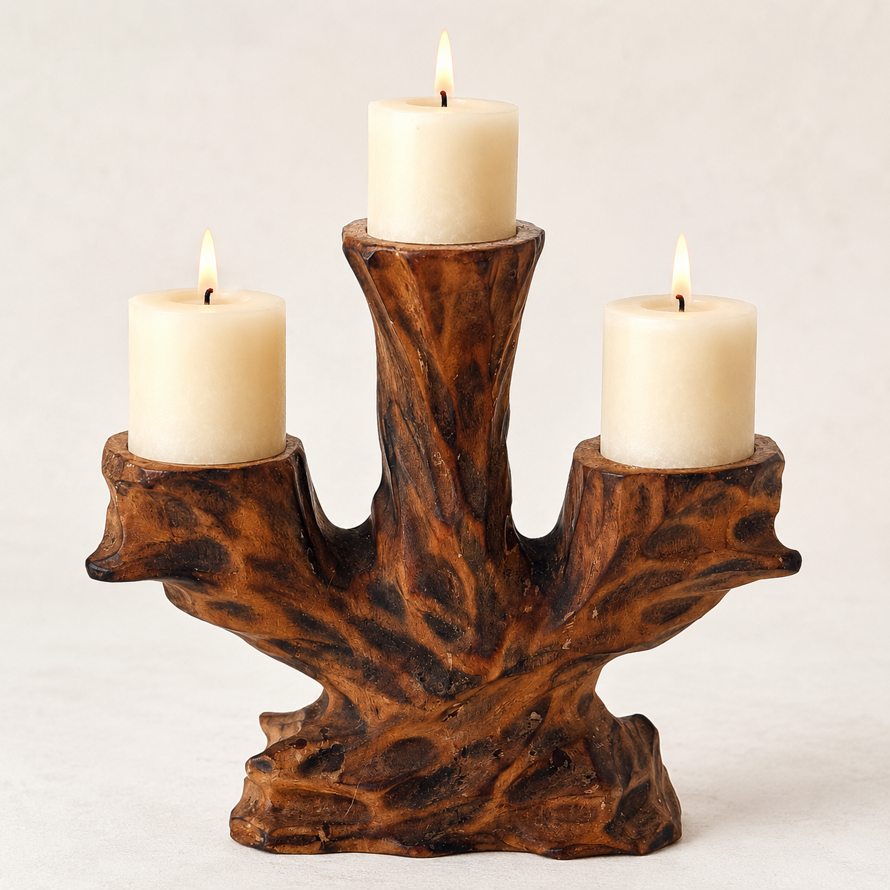 Vintage Hand Carved Wooden 3 Arm Candelabra Tree Stump Rustic Candle Holder
