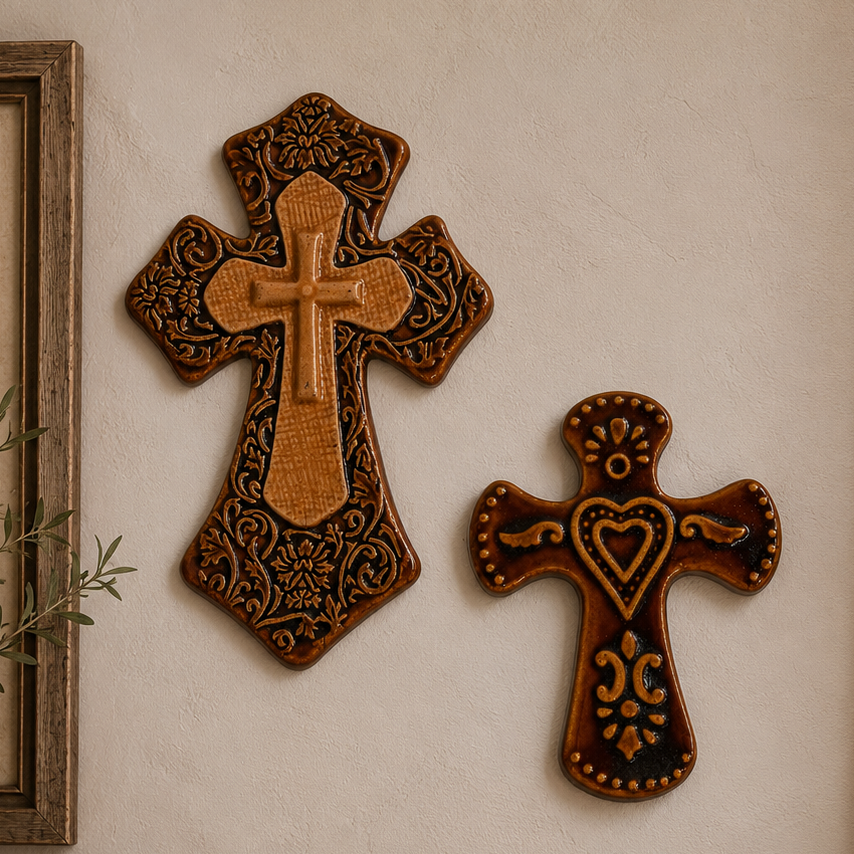 Handcrafted Ceramic Wall Cross Set Brown Glazed Religious Wall Decor Folk Art