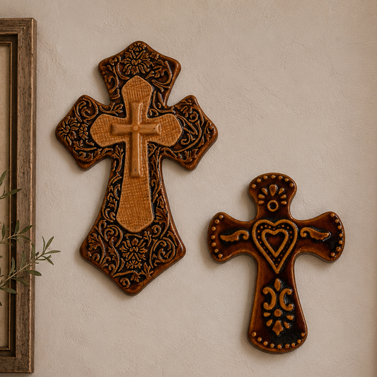 Handcrafted Ceramic Wall Cross Set Brown Glazed Religious Wall Decor Folk Art