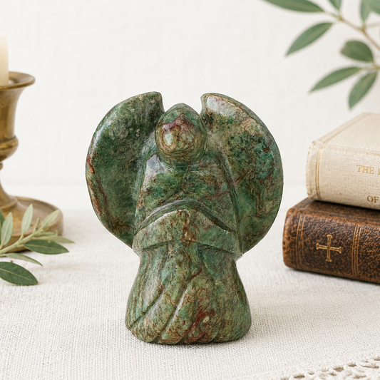Vintage Carved Green Stone Angel Figurine Verdigris Tones Spiritual Decor