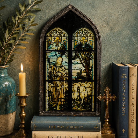 Vintage Good Shepherd Stained Glass Style Window Panel | Arched Religious Wall Decor