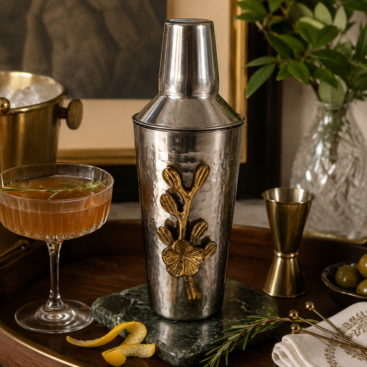 Vintage Hammered Stainless Steel Cocktail Shaker with Gold Floral Accent | Made in India
