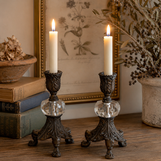 Vintage Cast Iron & Faceted Crystal Candlestick Holders | Pair | Victorian Revival Cottage Decor