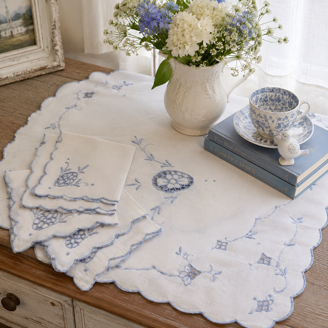 Vintage Embroidered Table Topper & 4 Matching Napkins | Blue Floral Linen Set