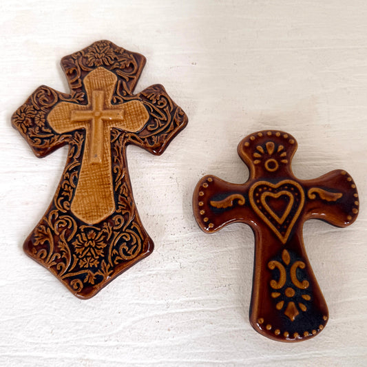 Handcrafted Ceramic Wall Cross Set Brown Glazed Religious Wall Decor Folk Art