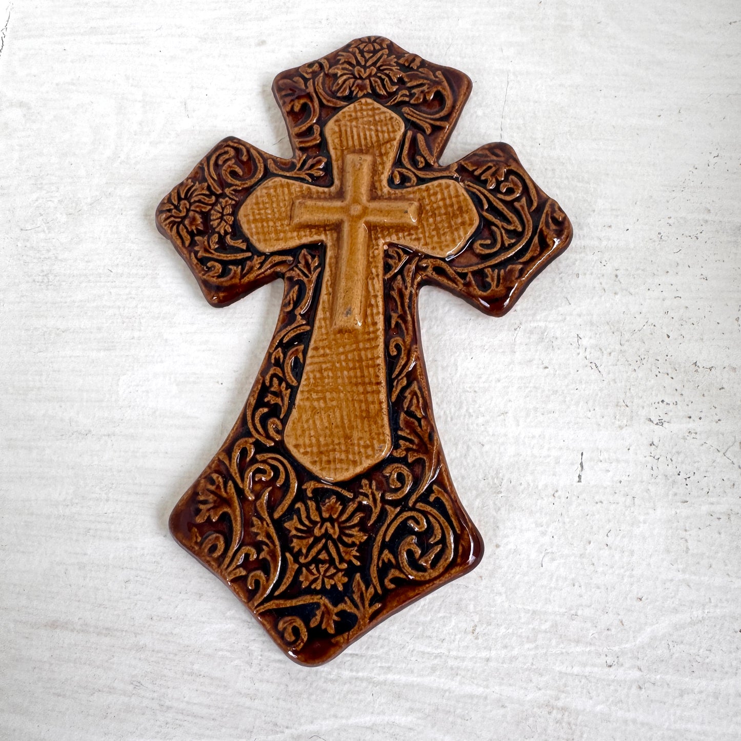Handcrafted Ceramic Wall Cross Set Brown Glazed Religious Wall Decor Folk Art