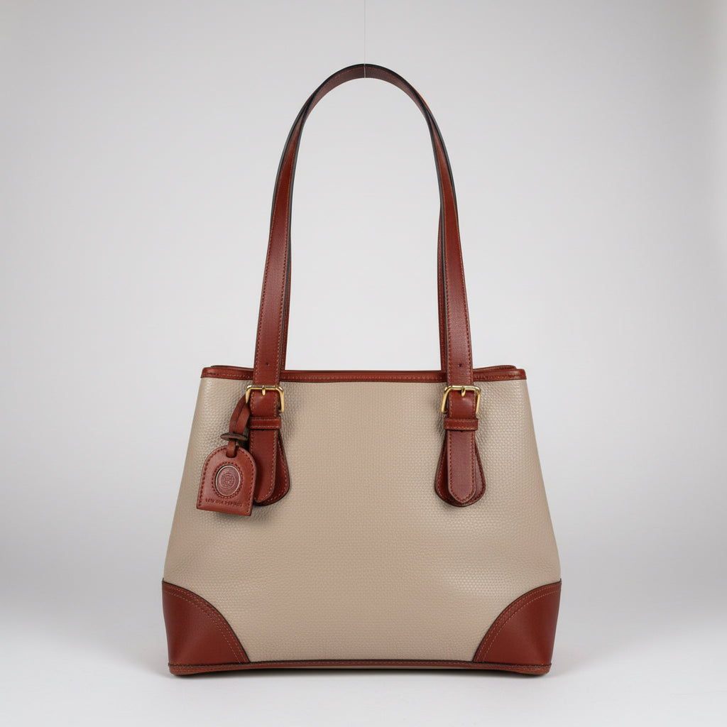 Vintage Liz Claiborne Genuine Leather Tote Bag Cream & Cognac Brown