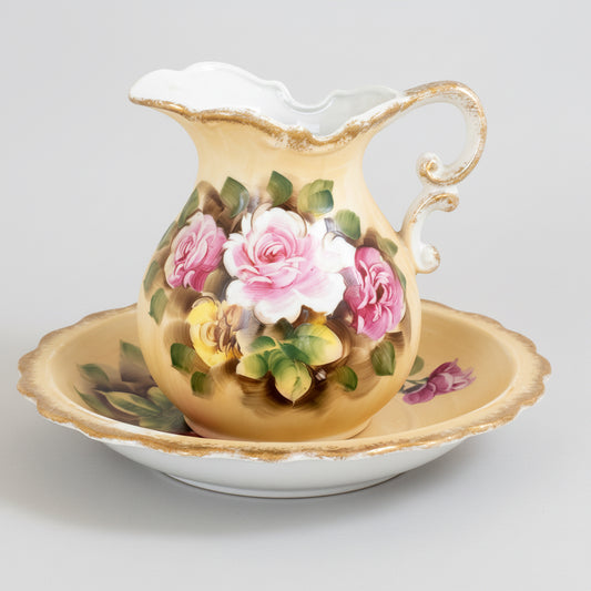 Vintage Hand Painted Japanese Rose Pitcher & Bowl Set | Gold Trim Floral Vanity Wash Basin | Cottage Core Decor