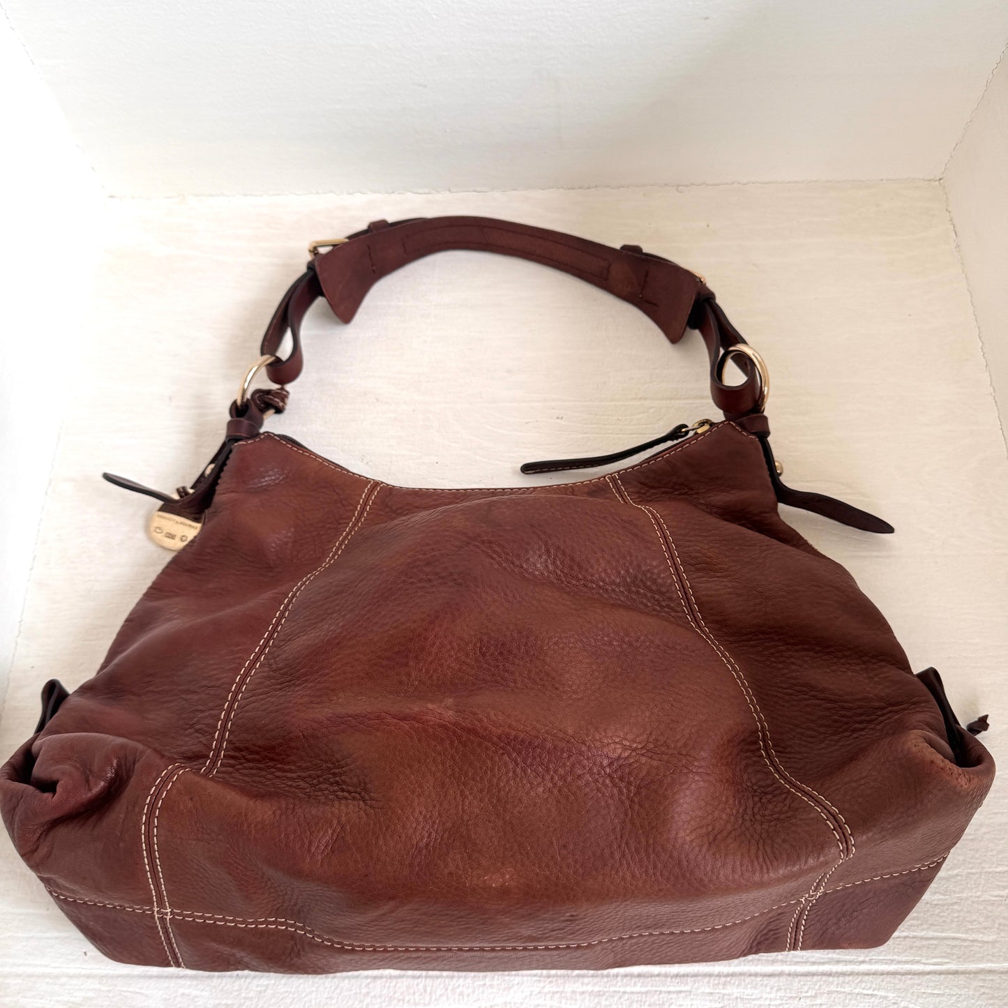 Dooney & Bourke Brown Pebbled Leather Hobo Shoulder Bag Duck Charm Large Purse