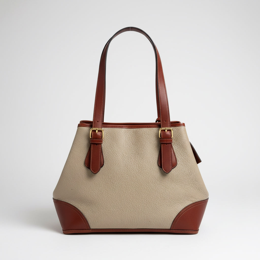 Vintage Liz Claiborne Genuine Leather Tote Bag Cream & Cognac Brown
