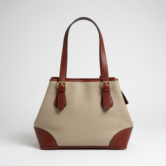 Vintage Liz Claiborne Genuine Leather Tote Bag Cream & Cognac Brown