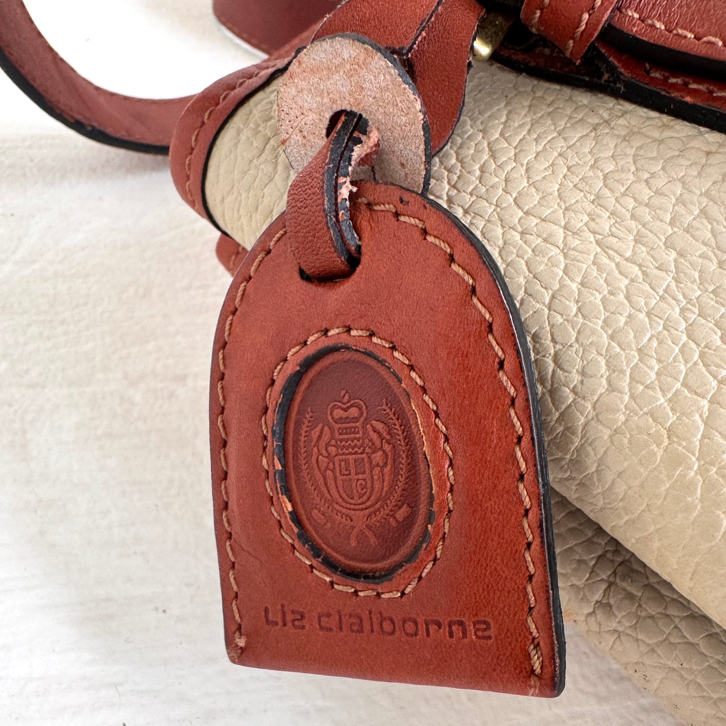 Vintage Liz Claiborne Genuine Leather Tote Bag Cream & Cognac Brown
