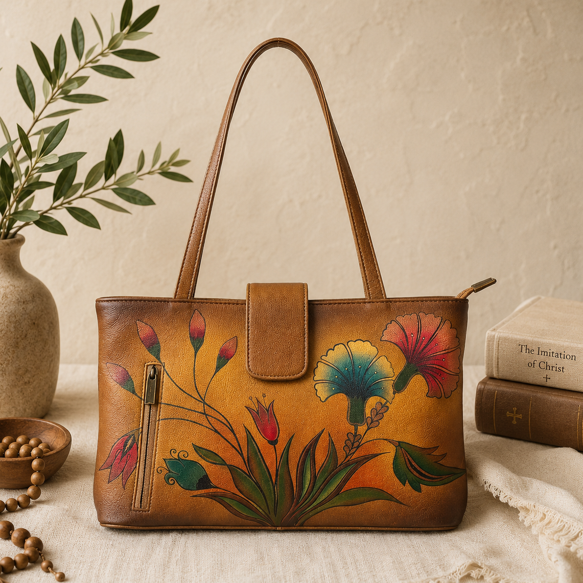Anuschka Hand Painted Leather Floral Shoulder Bag Gold Brown