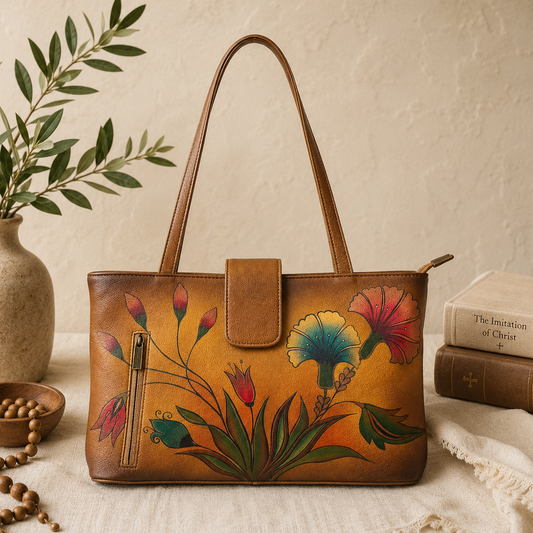 Anuschka Hand Painted Leather Floral Shoulder Bag Gold Brown