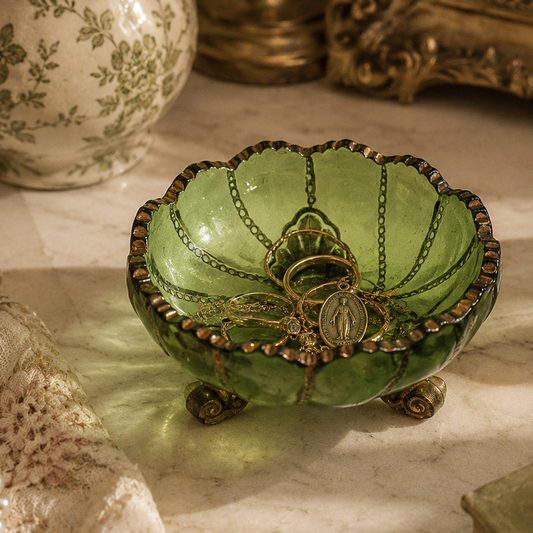 Vintage Green Art Glass Footed Trinket Dish with Gold Accents