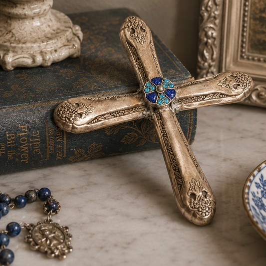 Handmade Vintage Silverware Cross Wall Decor | Repurposed Flatware Cross with Blue Rhinestone Center