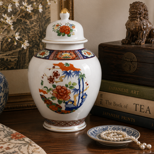 Vintage Imari Ware Japanese Ginger Jar with Lid | Floral Porcelain Urn Decor