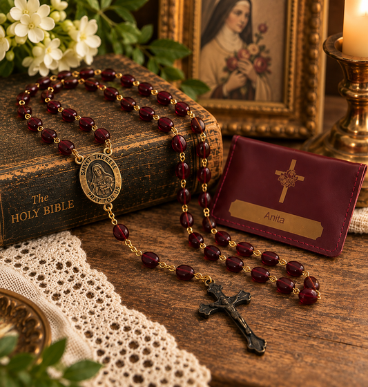 Vintage Saint Thérèse Red Bead Rosary – Little Flower Medal & Anita Pouch