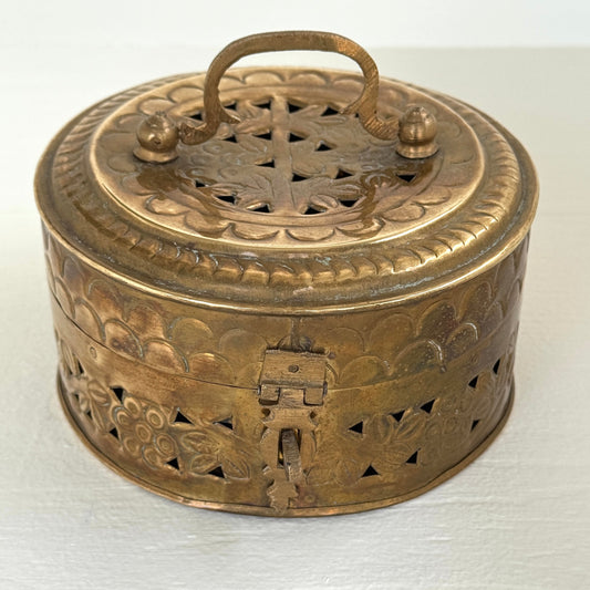 Vintage Brass Cricket Box | Pierced Brass Lidded Decorative Trinket Box | Made in India