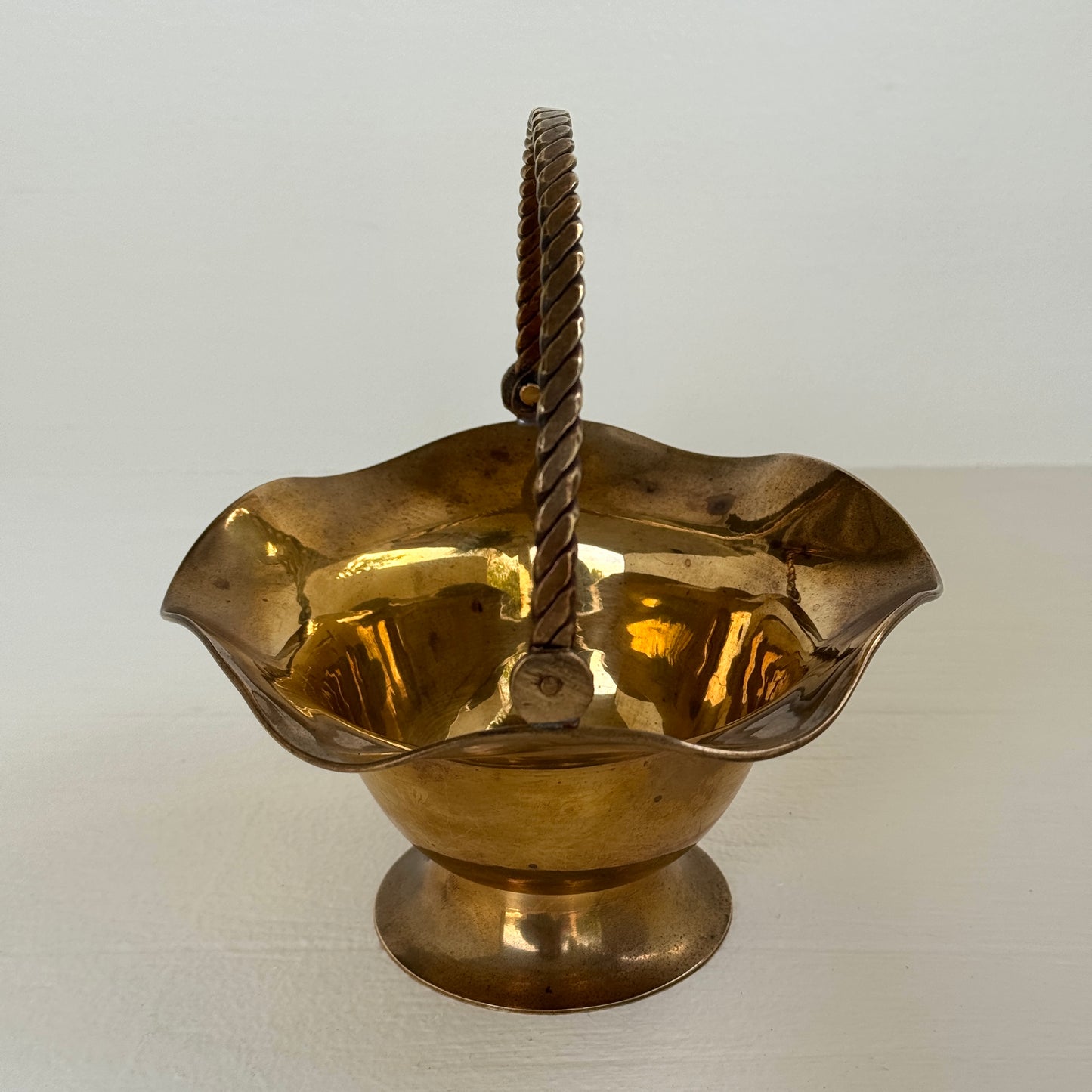 Vintage Brass Pedestal Basket with Twisted Handle | Made in India