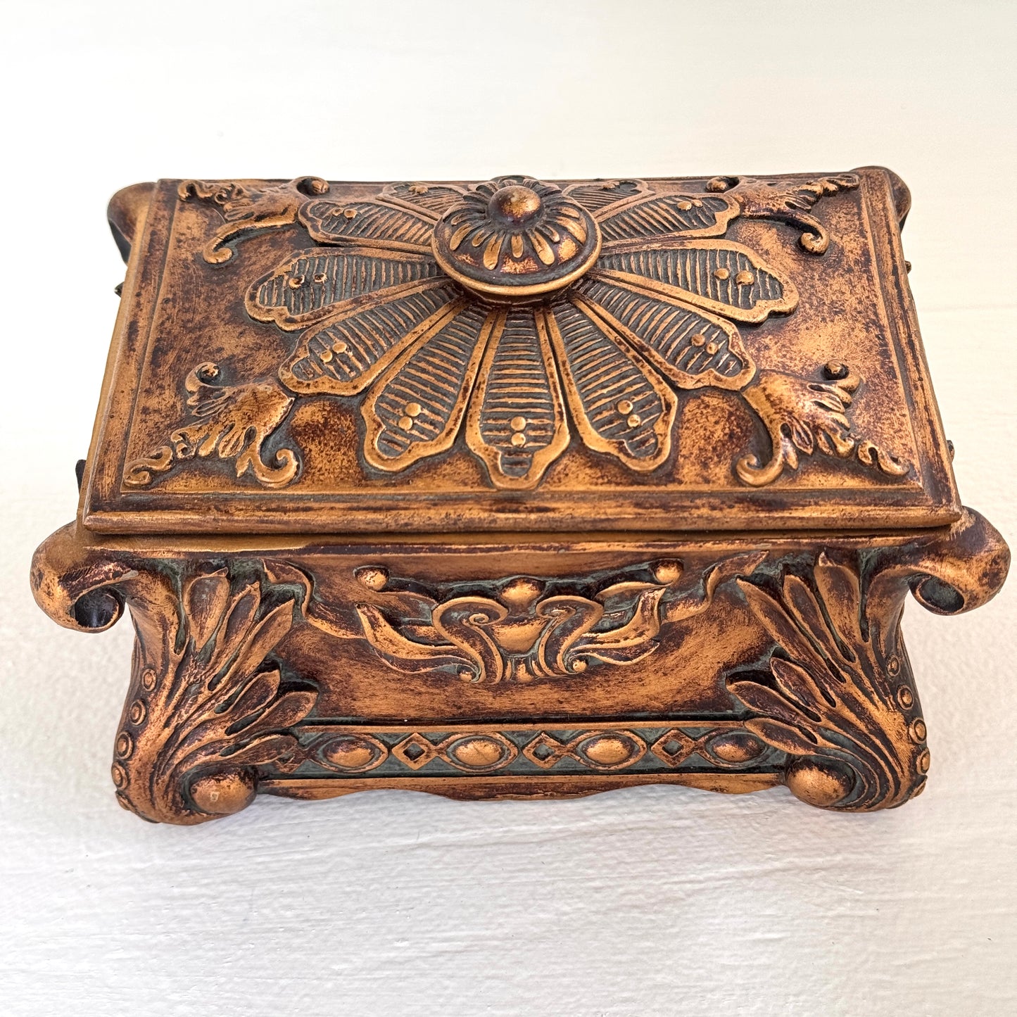 Ornate Bronze Finish Jewelry Box | Velvet Lined Decorative Keepsake Box