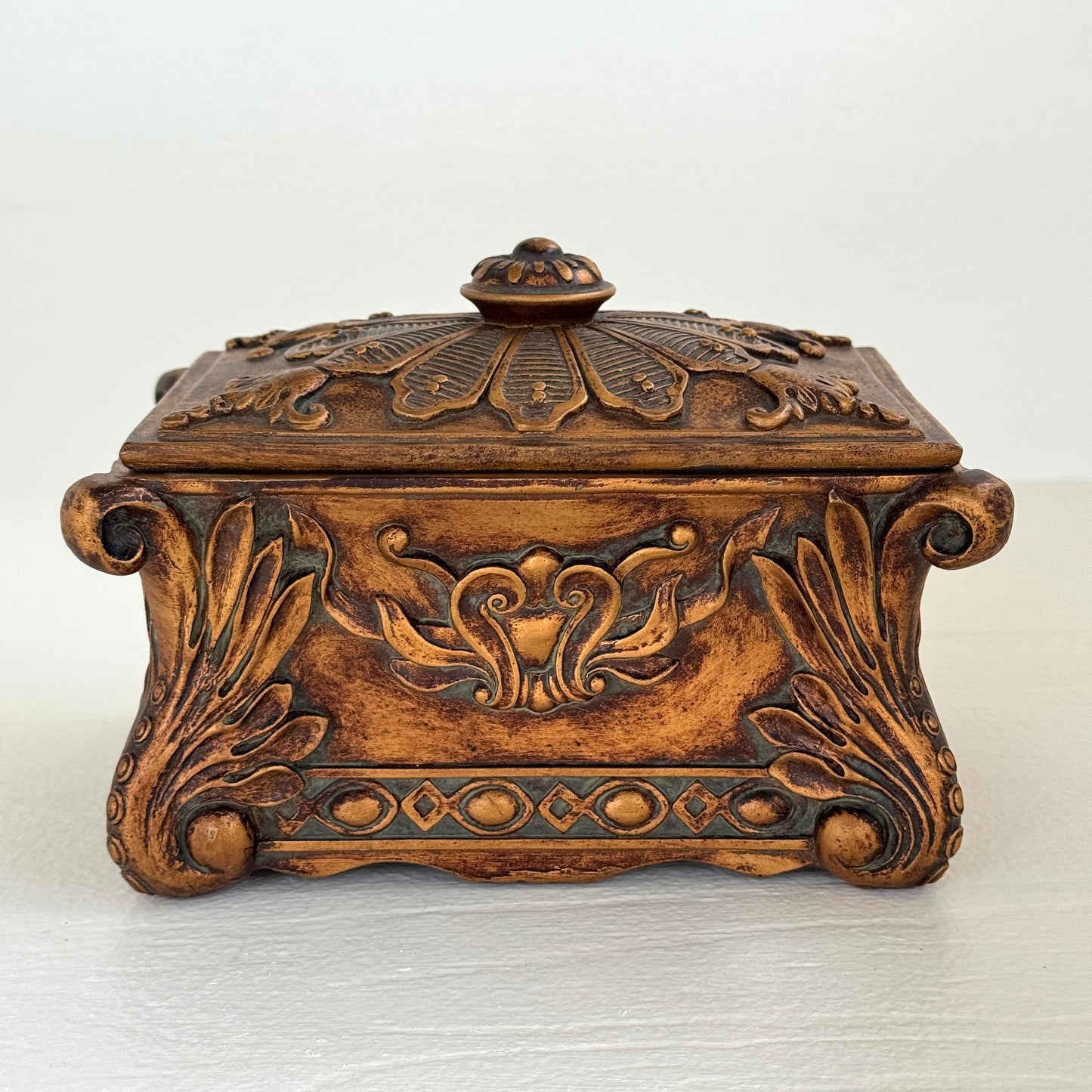 Ornate Bronze Finish Jewelry Box | Velvet Lined Decorative Keepsake Box