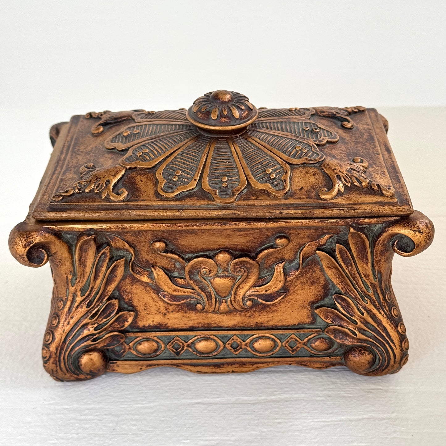 Ornate Bronze Finish Jewelry Box | Velvet Lined Decorative Keepsake Box