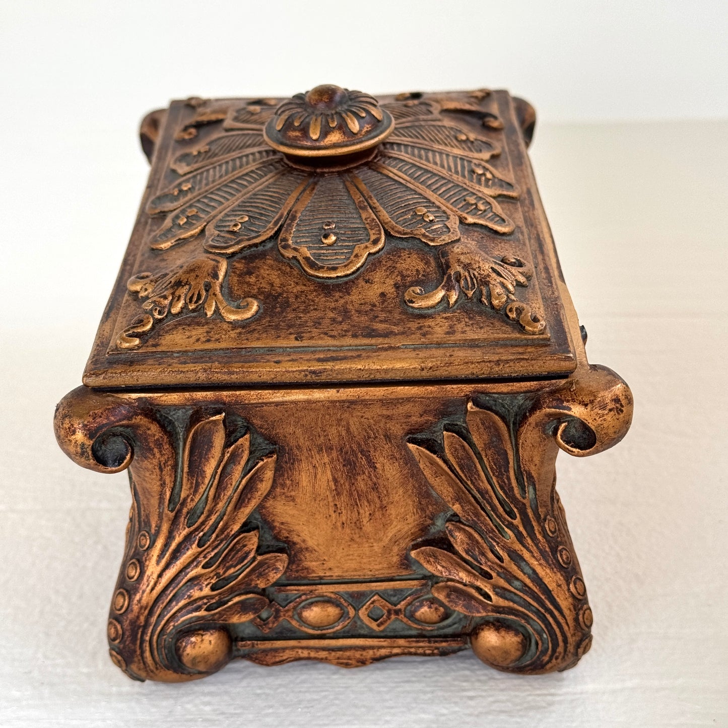 Ornate Bronze Finish Jewelry Box | Velvet Lined Decorative Keepsake Box