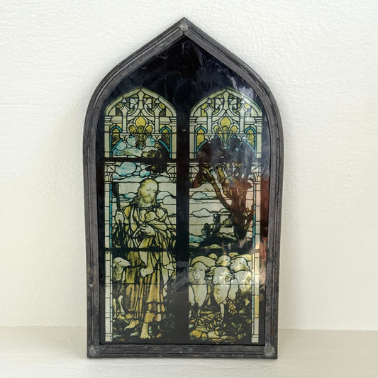 Vintage Good Shepherd Stained Glass Style Window Panel | Arched Religious Wall Decor