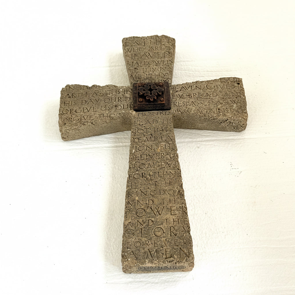 Rustic Lord’s Prayer Wall Cross | Textured Cement Stone Look Cross | Christian Home Decor