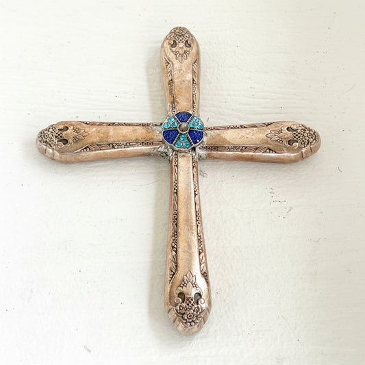 Handmade Vintage Silverware Cross Wall Decor | Repurposed Flatware Cross with Blue Rhinestone Center