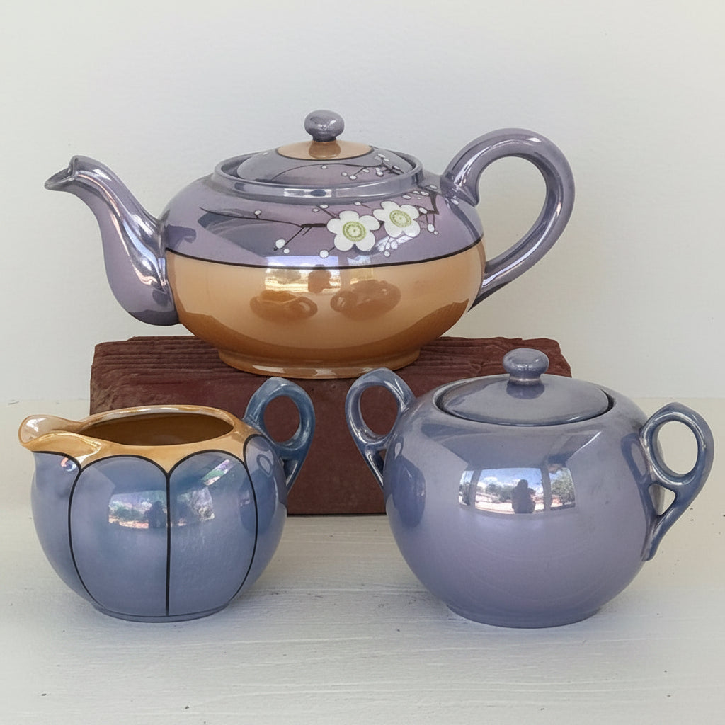Vintage Made in Japan 3 Piece Tea Set | Hand Painted Lavender Cherry Blossom Teapot Set