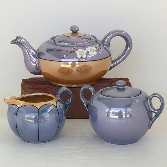 Vintage Made in Japan 3 Piece Tea Set | Hand Painted Lavender Cherry Blossom Teapot Set