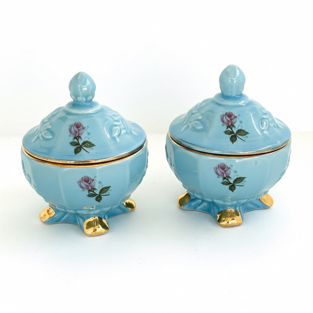 Vintage House of Fuller Blue Porcelain Rose Trinket Boxes Set of 2 Footed Covered Jars