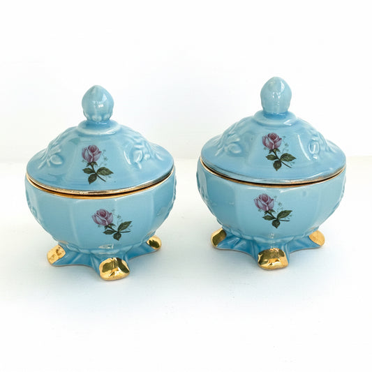 Vintage House of Fuller Blue Porcelain Rose Trinket Boxes Set of 2 Footed Covered Jars