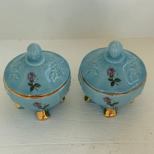 Vintage House of Fuller Blue Porcelain Rose Trinket Boxes Set of 2 Footed Covered Jars