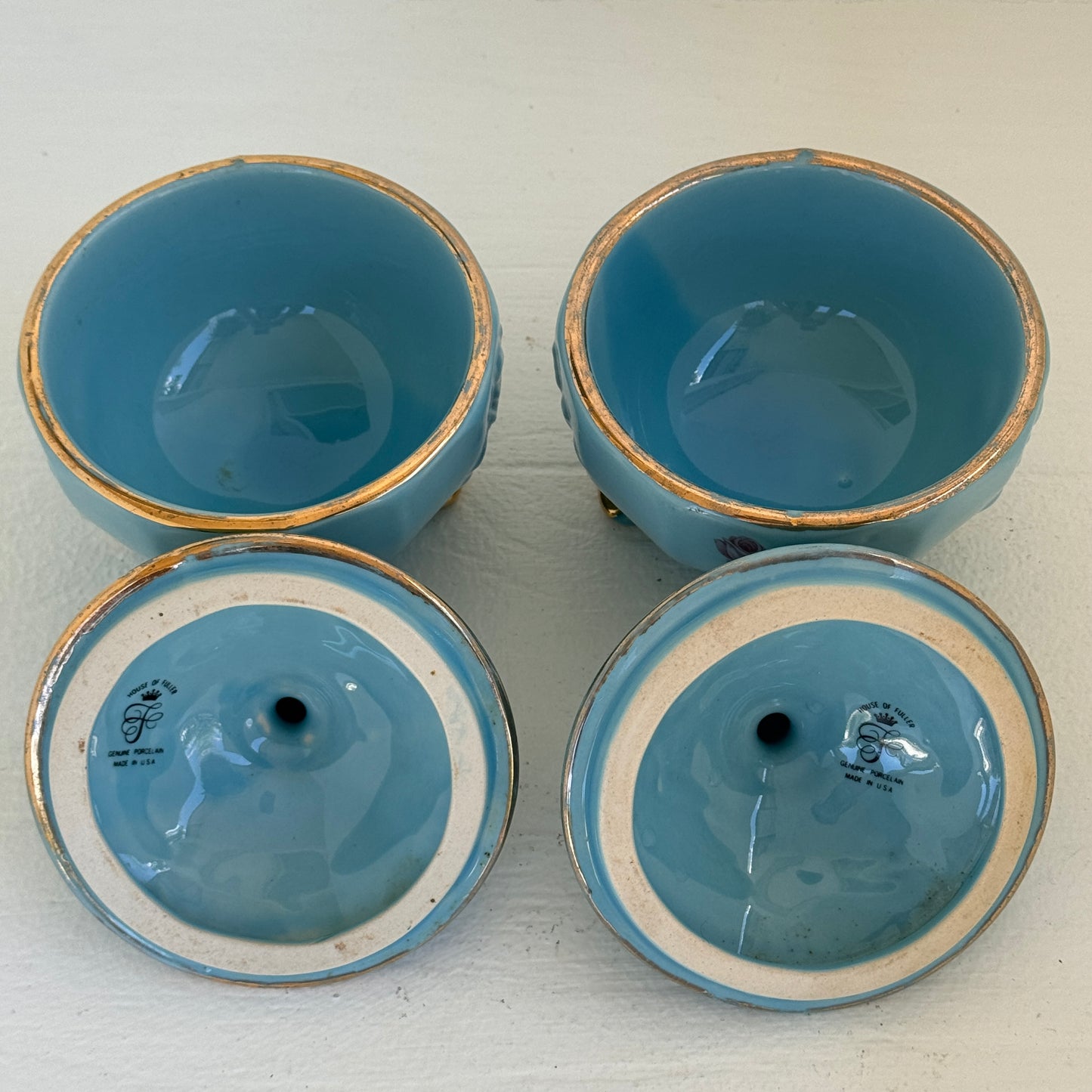 Vintage House of Fuller Blue Porcelain Rose Trinket Boxes Set of 2 Footed Covered Jars