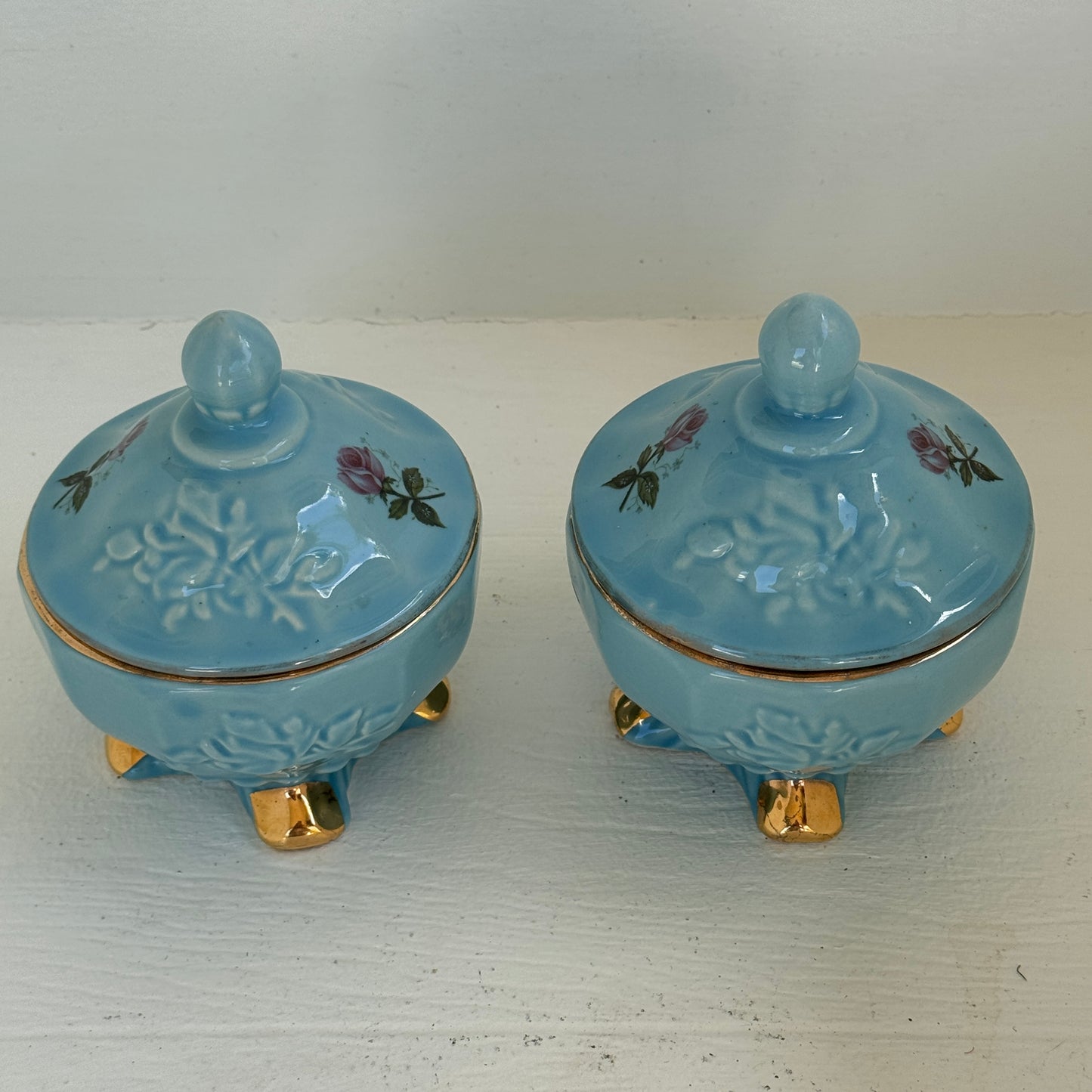 Vintage House of Fuller Blue Porcelain Rose Trinket Boxes Set of 2 Footed Covered Jars