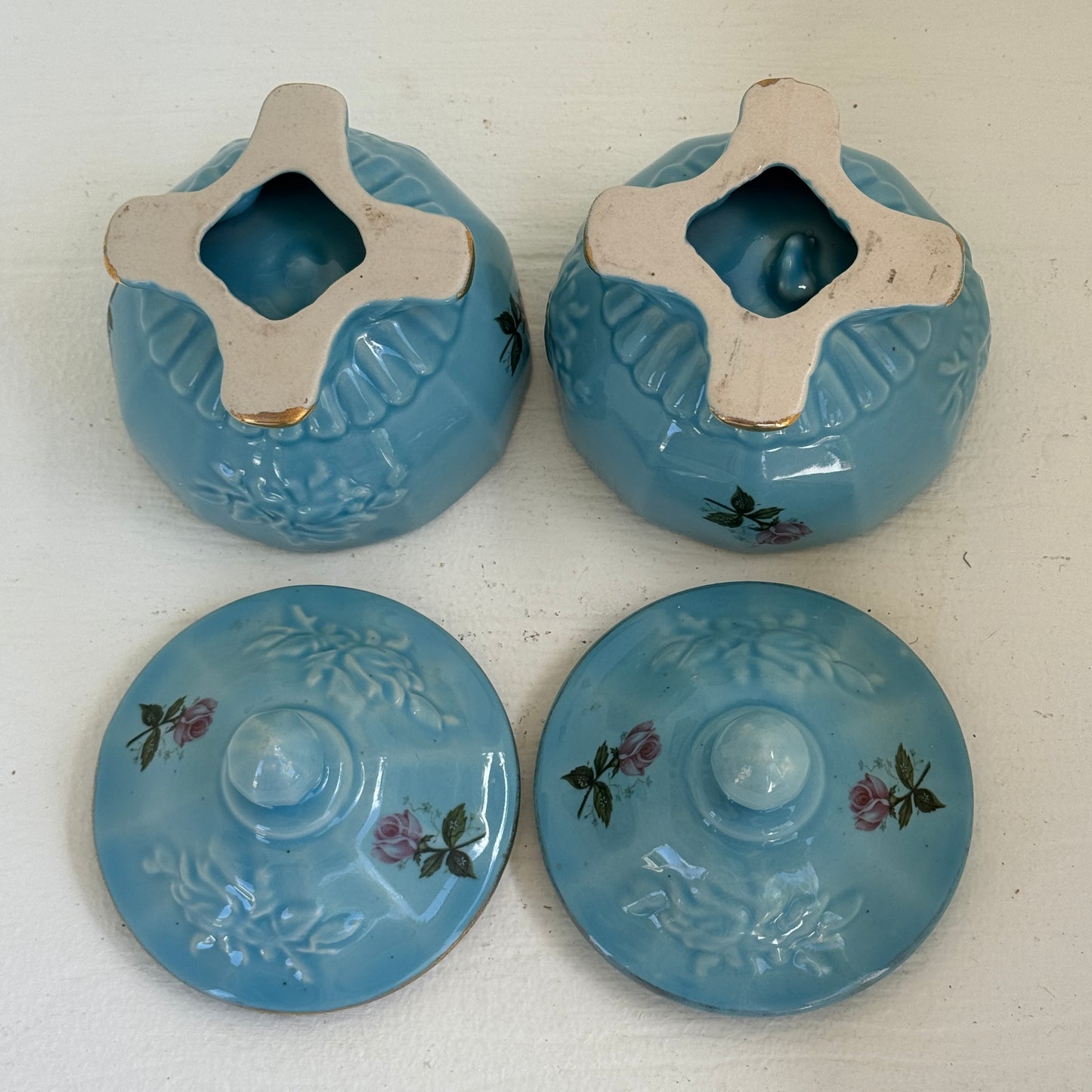 Vintage House of Fuller Blue Porcelain Rose Trinket Boxes Set of 2 Footed Covered Jars