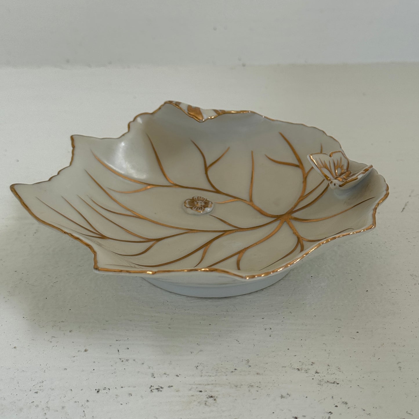 Vintage Candrea Hand Painted Leaf Dish | Made in Japan Butterfly Vanity Dish