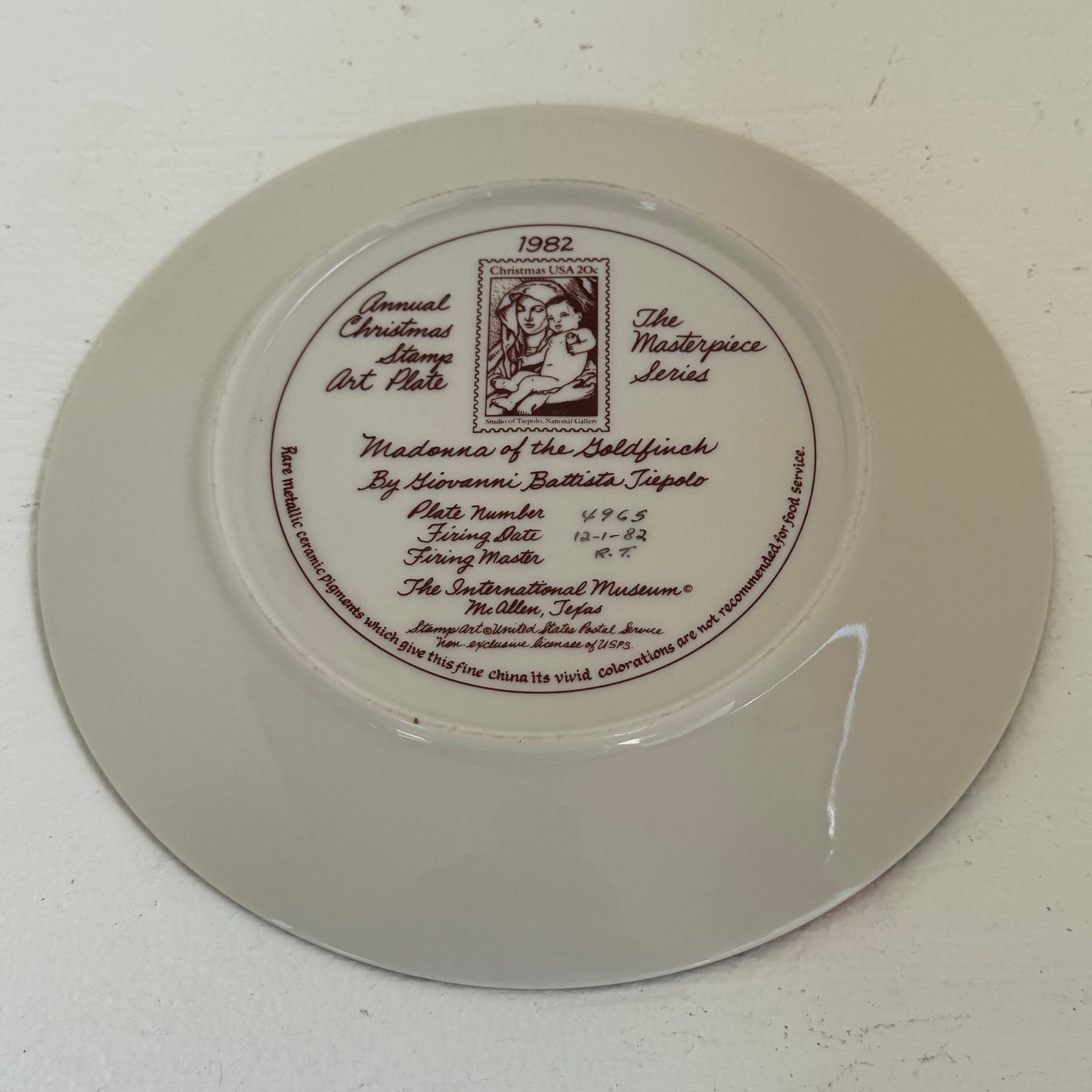 1982 Madonna of the Goldfinch Christmas Stamp Art Plate | Giovanni Battista Tiepolo | Masterpiece Series