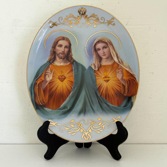 Vintage Sacred Hearts of Jesus & Mary Decorative Plate | Gold Accents | Religious Wall Décor